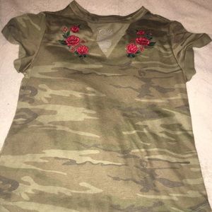 Camo choker top with appliqué roses